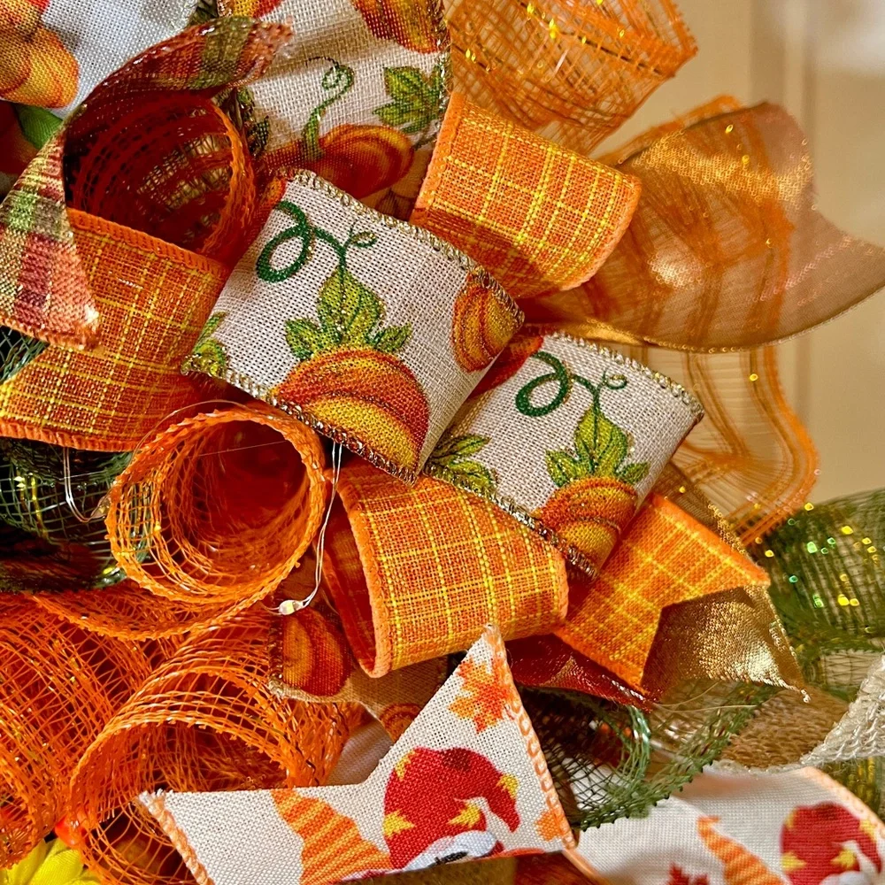 Autum Fall Ribbon Wreath Pumpkin Gnome Handmade 22 in’s. #W2